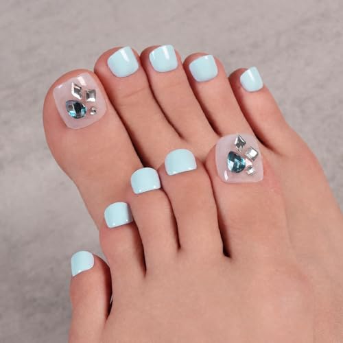 Nail Reformation Press On Toenails, Milky White & Baby Blue Short Square - color: Crown Gem