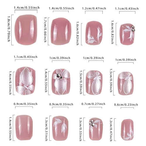 24Pcs Short Press on Nails RTKHFZE Pink Fake Nails with White Butterfly and Rhinestones Designs Press Ons False Nails Square Full Cover Acrylic Nails Stick on Nail for Women and Girls - color: BKSS16