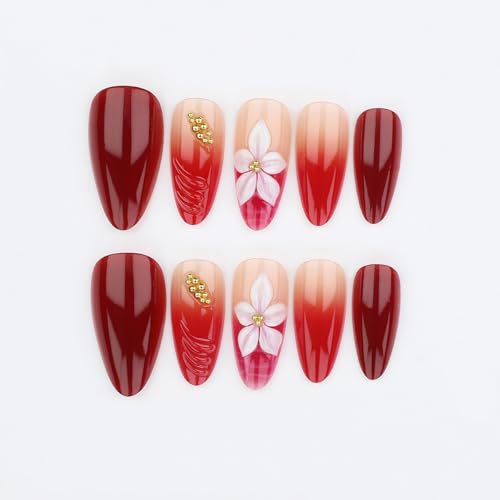 Medium Almond Red Press on Nails - 3D White Flowers - color: D-58