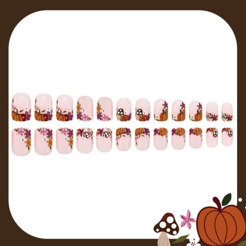 Fall Press on Nails Short Square Fake Nails with Pumpkin Floral Polka Dot Designs Autumn Nails Press ons Purple Brown Nude Glue on Nails Glossy False Nails Cute Stick on Nails for Women 24Pcs - color: 15