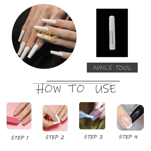 MISUD Press on Nails - Long Coffin Fake Nails with Milky White, Acrylic Matte Solid Color Design 24 pcs - color: 019A05-13White