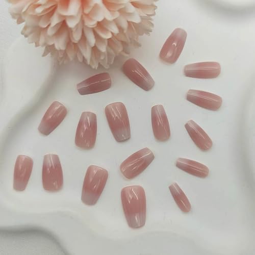 Gradient Press on Nails Short Coffin Fake Nails with Ombre Glossy Designs Nails Press ons Pink White Glue on Nails Acrylic False Nails Simple Stick on Nails for Women 24Pcs - color: pink white-1