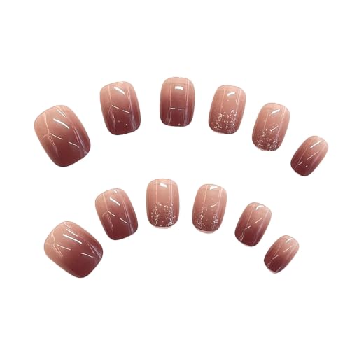 Fall Press on Nails Short Square Fake Nails Brown Ombre Glitter Designs - color: 23