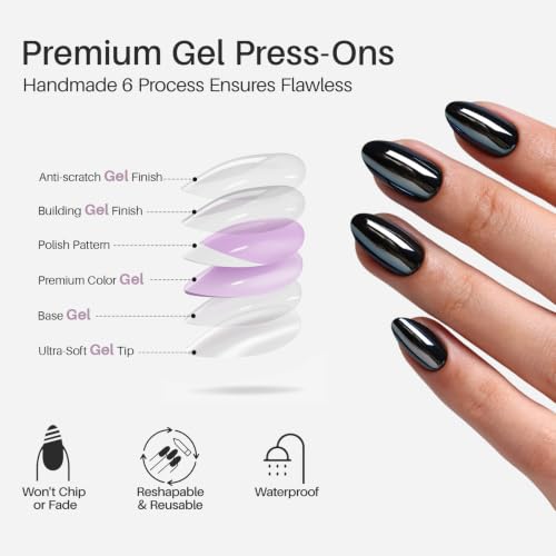 SHANGMENG Halloween Press on Nails, Almond Short Black Chrome Fake Nails - color: Liquid Onyx