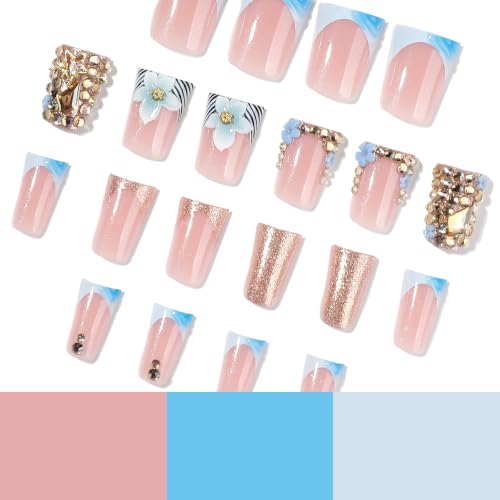 Medium Short Coffin Press On Nails, Blue 3D Flower, 24 Pcs - color: 105-Blush Blue Champagne