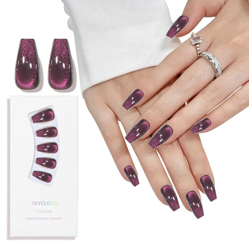 Purple Cat Eyes Press On Nails for Women Girls, 12 Size-24 Pcs Purple Medium Coffin Fake Nails, Skycloud Reusable Stick On False Nails SK0721 - color: SK0721-Dark Purple