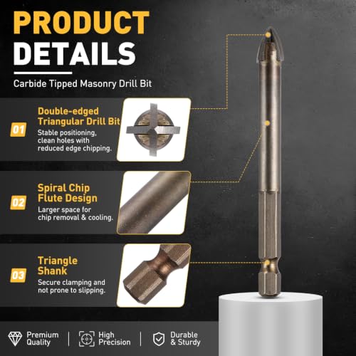 7Pcs 1/8"-1/2" Carbide Masonry Drill Bits Set Hex Shank Brown - color: Brown, size: 1/8"-1/2"