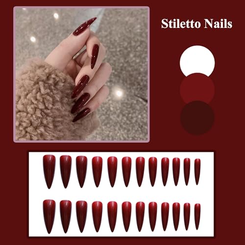 MISUD Press on Nails - Long Stiletto Fake Nails with Goth Red, Acrylic Gothic Vampire Design 24 pcs - color: 02305-11Burgundy