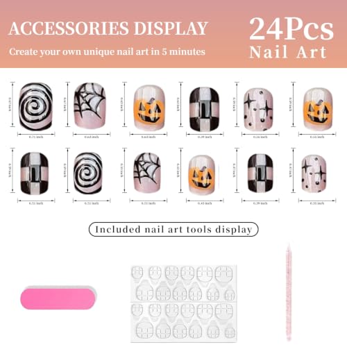 24Pcs Halloween Press on Nails Short Square Fake Nails with Cute Ghosts Design Pumpkin Acrylic Nails Black And White Checkered Artificial Nail Glossy Spider Web Full Cover Stick on Nails for Women - color: Ghost Pumpkin Style