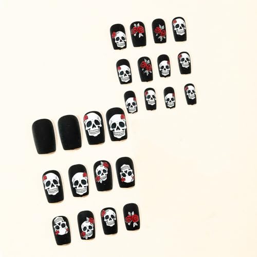 Halloween Press on Nails Skull & Rose False Nails Designs Short Square Fake Nail Black Matte Full Cover Acrylic Nails Halloween Artificial Stick on Nail for Women Art Manicure 24 Pcs - color: Halloween Style 019