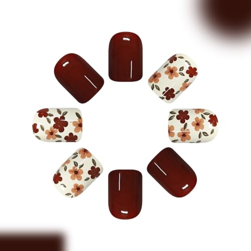 24Pcs Fall press on nails short square fake nails with brown flowers design - color: fallnails11
