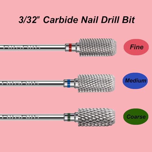 Nail Drill Bit 3/32”Fast Remove for Acrylic or Hard Gel,Barrel Electric Nail File Carbide Bit for Nail Cuticle Gel Dipping Powder Polishing, Professional Manicure Pedicure Nail Art Tool,Fine