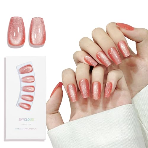 Skycloud Orange Cat Eyes Press On Nails - 24 Pcs Soft Gel Medium Coffin False Nails Kit with Nail Glue, Reusable Stick On Nails for Women and Girls (SK0859) - color: SK0859-Orange