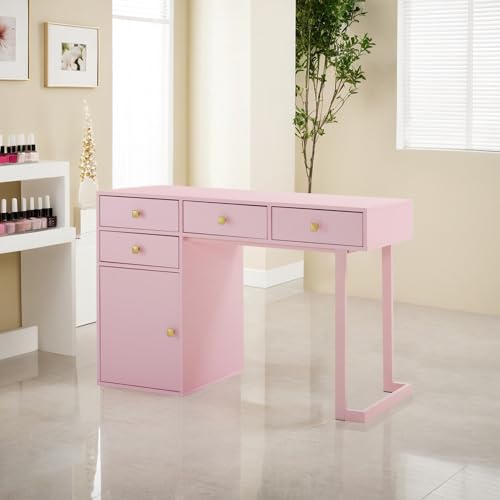BarberPub Beauty Manicure Table with Storage Drawers, Nail Salon Desk for Nail Tech, Makeup Station with Round Handles, Beauty Equipment with Display Open Space 2990 (Pink) - color: Pink