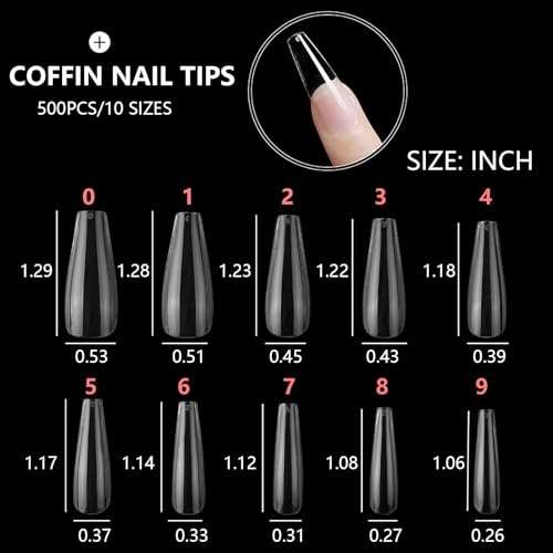 500Pcs Coffin Nail Tips Full Cover Clear Nails for Acrylic Ballerina False Nail Tips, 10 Sizes - color: D-coffin-clear