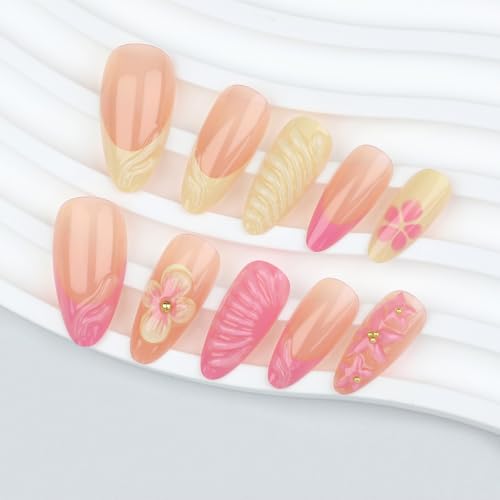 Medium Almond Press on Nails - Pink & Yellow French Tip - color: D-57