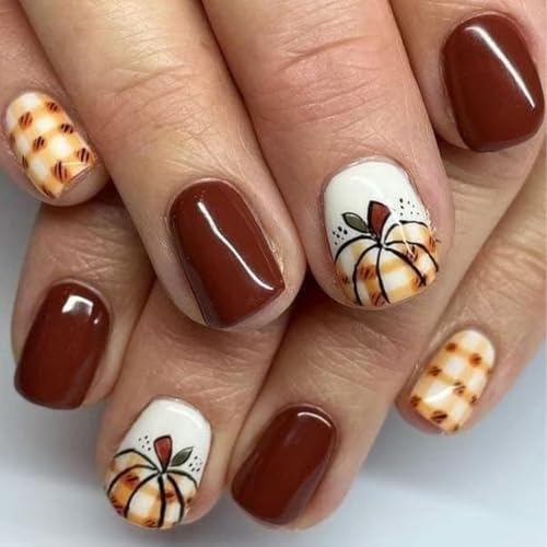 Thanksgiving Press on Nails Short Square Fake Nails Brown Checkered Full Cover Nails Press ons with Glossy Fall Pumpkin Reusable Acrylic Glue on Nails Autumn Nail for Women Thanksgiving Manicure 24Pcs - color: Color-20