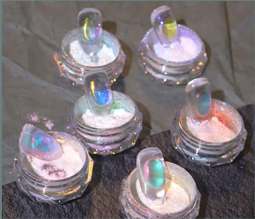 Ice Transparent Aurora Nail Powder Neon Rainbow Holographic Chameleon Powder Multi Chrome Iridescent Pigment Pearlescent Nail Art Glitters (6 Boxes Transparent) - color: 6 Boxes Transparent