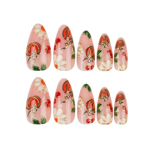 Fall Press on Nails Almond, Gilded Pumpkin Daisy Leaf, Medium - color: Style-35