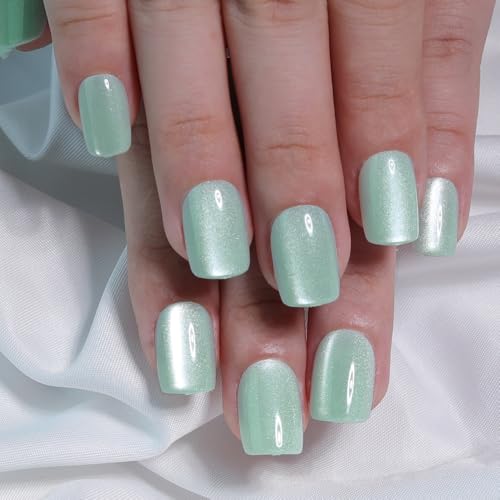 Mint Green Cat Eye Press On Nails Short Square Fake Nails, 30PCS - color: M09-Mint Green