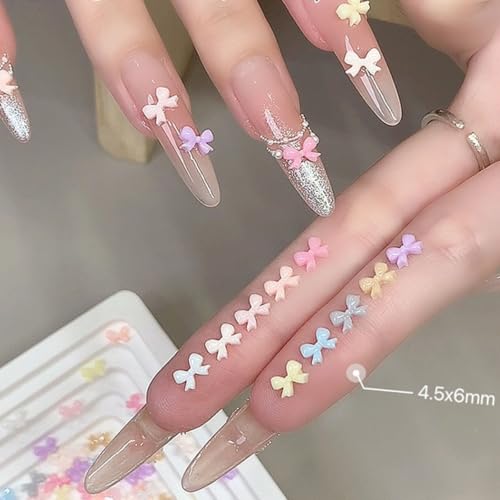 100PCS Cute Bow Nail Art Charms Colorful 3D Bowknot Charms for Nails Resin Flat Back Nail Jewelry Accessories Bowknots Mini Nail Supplies (Bow) - color: Bow