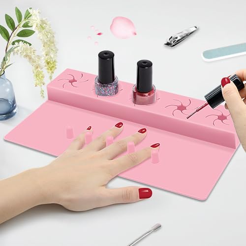 Nail Polish Holder, 2 in 1 Silicone Hand Rest Mat Set - Pink - color: Pink