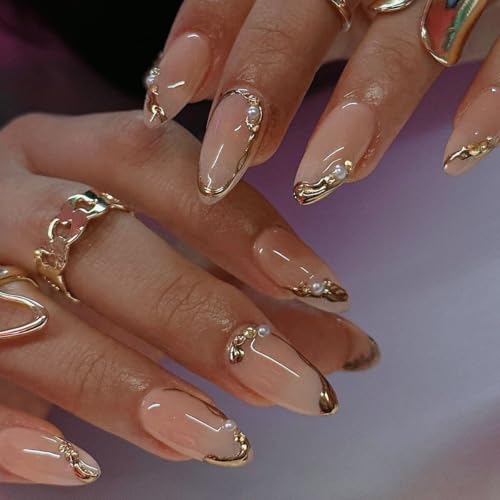 CTTHNBD Press on Nails Almond, Medium, French Tip Fake Nails - color: Chrome Gold
