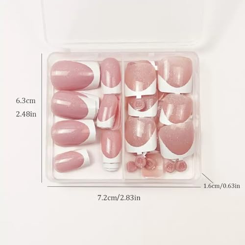 CTTHNBD 48Pcs Press on Nails Square & Press on Toenails Set, White French Tip Fake Nails with Glitter Design - for Women Manicure - color: Bling Pink