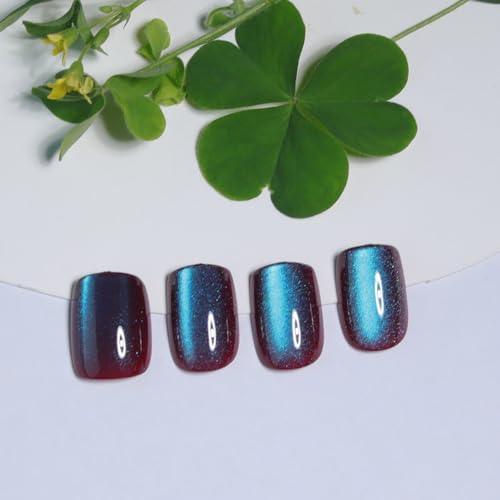 Teal Blue Cat Eye Press On Nails Short – Square Fake Nails with Color-Shifting Glow, Glossy Gel Acrylic Nails 15 Sizes, 30 Nails, Thick Reusable Glue On Nails for Daily Wear & Women Gifts - color: M11-Galaxy-Blue