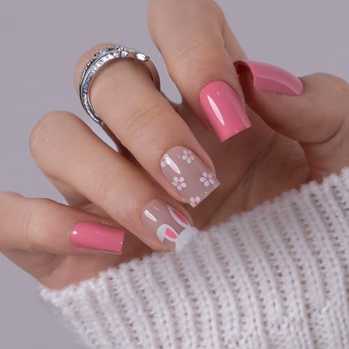 CurvLife Shrot Square Floral Press On Nails, Bunny Bloom Pink, Soft Gel - color: Bunny Bloom