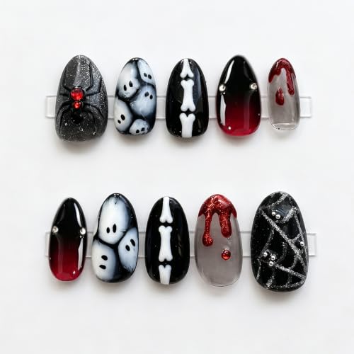 Halloween Press On Nails Short Almond Shape Gothic Fake Nails with Ghost Bone Blood Drip Spider Web Designs Reusable Horror Punk False Nails Glossy Full Cover Acrylic Nails Kit for Women 24Pcs - color: special Halloween-18