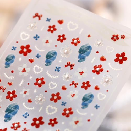 Red Flower Nail Stickers Decals Pearl Heart Design Nail Decals for Nail Art - color: Color38