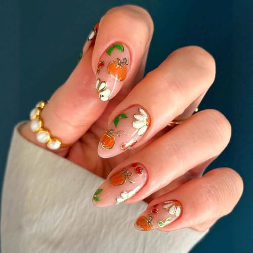 Thanksgiving Press on Nails Medium Almond - 3D Gold Pumpkin - color: D-51