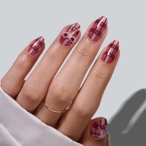 SHANGMENG Press on Nails, Almond Short Red Plaid with 3D Bow Fake Nails - color: Library Glow
