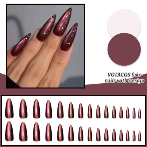 Red Brown Press on Nails Almond Medium Glossy Fake Nails for Women - color: 19- Red Brown