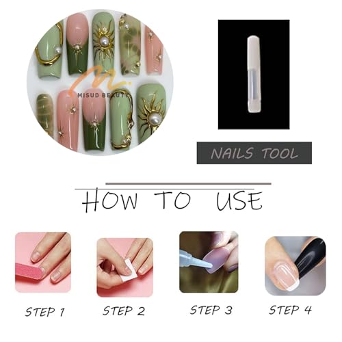 MISUD Press on Nails - Long Square Fake Nails with Green, Acrylic Gold Chrome Sun Star Design 24 pcs - color: 07814-09Green