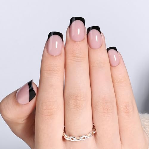 Black French Tip Press On Nails - Black Short Square Fake Nails - color: 7C - Bare Eclipse