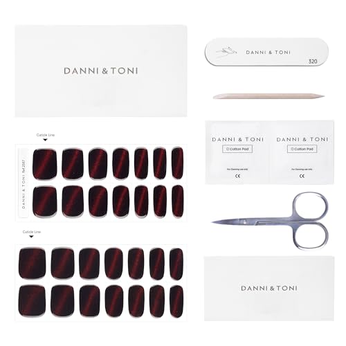 DANNI & TONI Semi Cured Gel Nail Strips Dark Red (Bonfire Night) Cat Eye Magnetic Gel Nail Wraps 28 Stickers - color: Bonfire Night