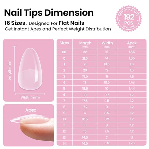 Beetles Tipex Lite Apex Nail Tips Kit, Short Almond, 192pcs 16 Sizes