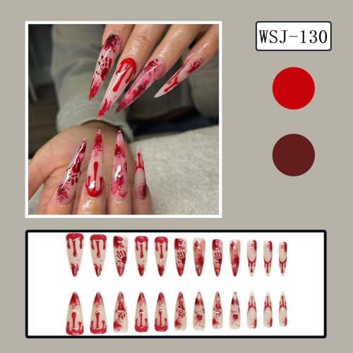 Red Halloween Press On Nails Long Fake Nails Stiletto False Nails - color: Style C014, size: Medium