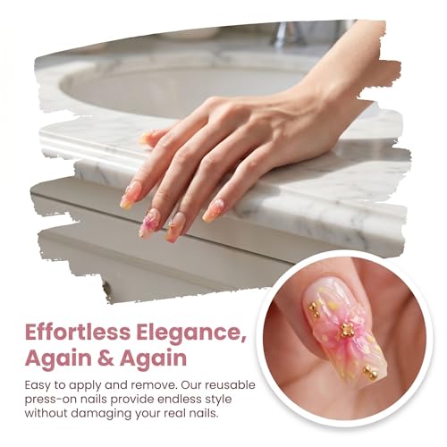 Medium Square Handmade Press on Nails - Ombre French Tip Fake Nails with Gold Starfish & 3D Floral Designs False Nails Reusable Acrylic Stick on Nails for Women 10Pcs (Size M) - color: style2