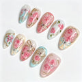 30Pcs Pink Press on Nails Medium Almond Fake Nails with 3D Flower Rhinestone Bow Design Rose Tulip Gold Gilding False Nail Pink Flower Full Cover Acrylic Nail Glossy Cute Floral Glue on Nail for Women - color: rose diamond bow