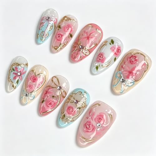 30Pcs Pink Press on Nails Medium Almond Fake Nails with 3D Flower Rhinestone Bow Design Rose Tulip Gold Gilding False Nail Pink Flower Full Cover Acrylic Nail Glossy Cute Floral Glue on Nail for Women - color: rose diamond bow