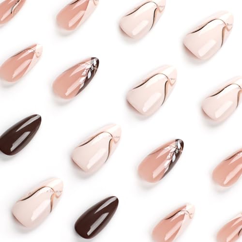 MISUD Press on Nails - Medium Almond Glue on Nails with Fall Brown, Acrylic Autumn Leaf Design 24 pcs - color: 11214Brown