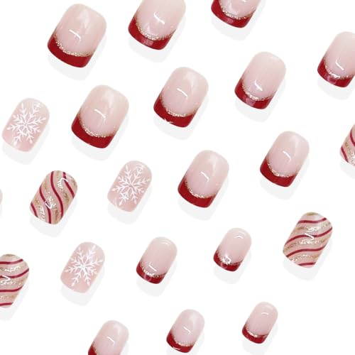 Christmas Press on Nails Short Square, 24Pcs Winter Snowflake Fake Nails - color: Winter Christmas Nails-13