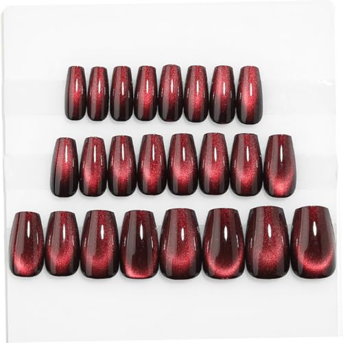 Burgundy Cat Eye Press On Nails Medium Coffin, Wine Red Glossy Fake Nails, Reusable Acrylic Glue On Nails for Women, Salon Quality Press Ons for Work, Party, Date Night and Gift, 32 Pcs - color: C2-Midnight Blaze