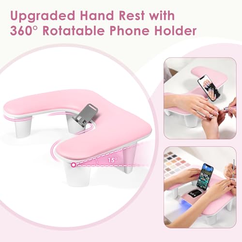 LIONVISON Arm Rest for Nails Tech: U Shaped Ergonomic Nail Hand Rest Stand PU Leather with Rotating Phone Holder for Nail Salon Manicurist (Pink) - color: Pink with Phone Holder