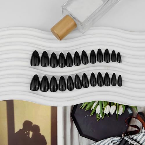 Black Acrylic Press on Nails Almond Shaped Medium Fake Nails - color: 18-Black