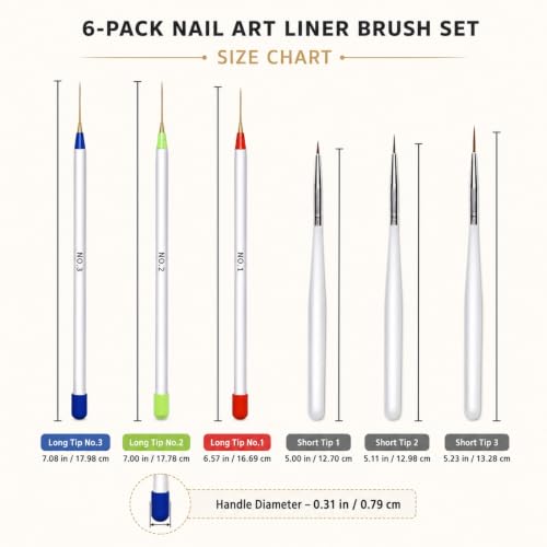 6Pack Nail Art Liner Brushes, Fine Detail Striping Tools for Gel Polish