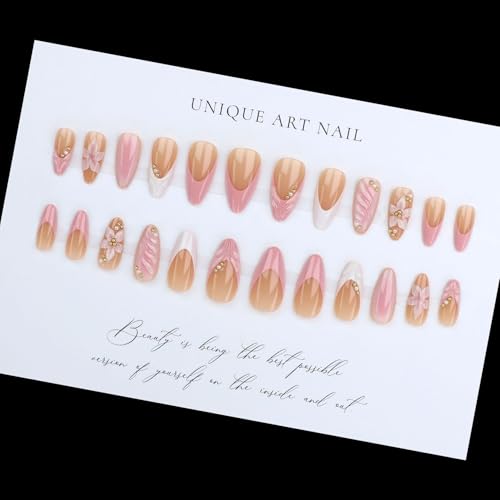 Pink Almond Press On Nails Medium Fake Nails With 3D Flower Design French Tip Nail Press Ons Gold Pearl Spring Acrylic Nails Glossy False Glue On Nails For Women 24Pcs - color: Design-1
